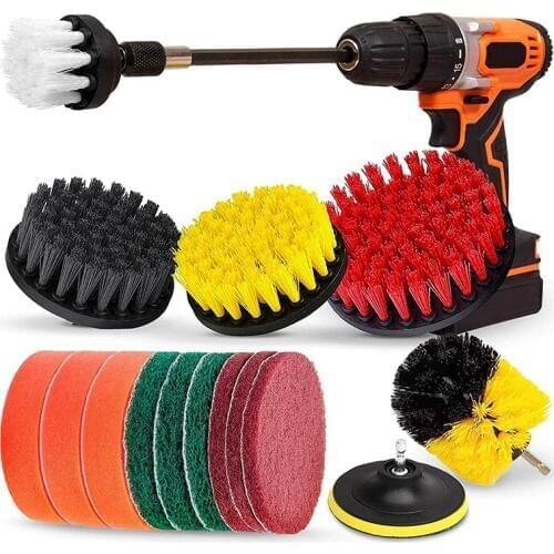 Hot Drill Brush Set, Extend Long Attachment, Scrub Pads, Sponge, Power Scrubber Cleaning Kit for Grout, Tile, Carpet, Sink, Ba