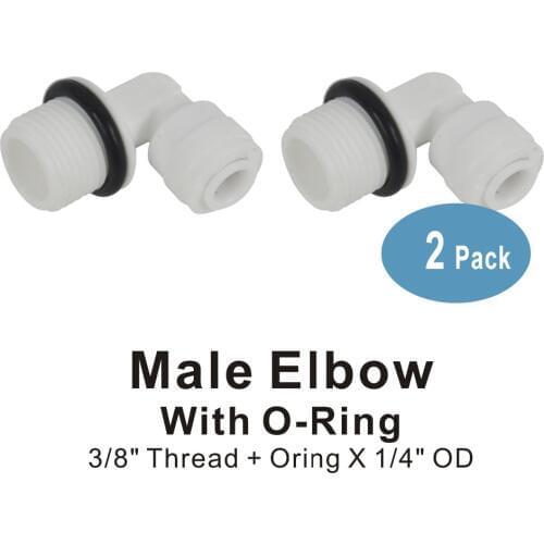 Male Elbow 3/8" Thread with O-ring Seal x 1/4" Quick Connect Fitting Parts for RO Systems and Water Filters - 2 PACK