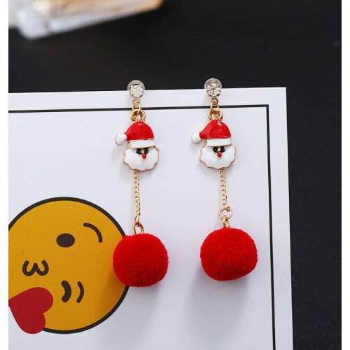 New Cute Santa Claus Christmas Tree Fur Ball Long Drop Earrings for Women Geometric Pearl Round Circle Pendientes Gift