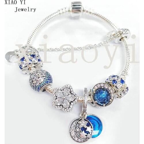 XIAOYI NEW S925 Winter Daisy blue and white zircon star and moon safety bracelet fashion DIY accessories charm high quality