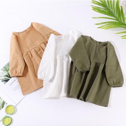 Girls' solid cotton and linen long-sleeve dress new baby long-sleeve buttoned pleated dress WT57