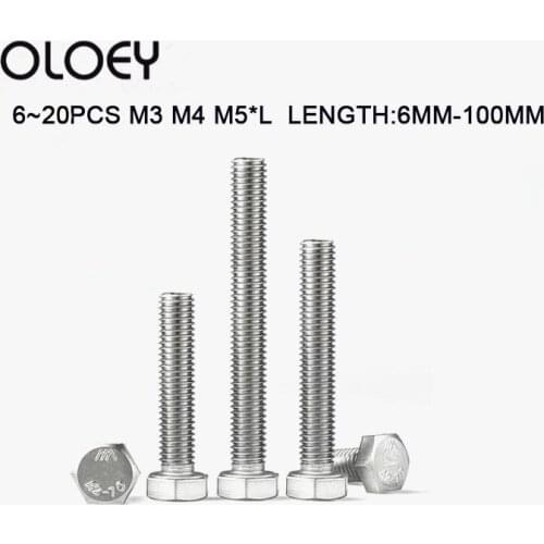 OLOEY External Hex Hexagon Head Screws with Full Thread M3 M4 M5*L 4~20PCS 304 Stainless Steel Hexagon Head Bolt DIN933