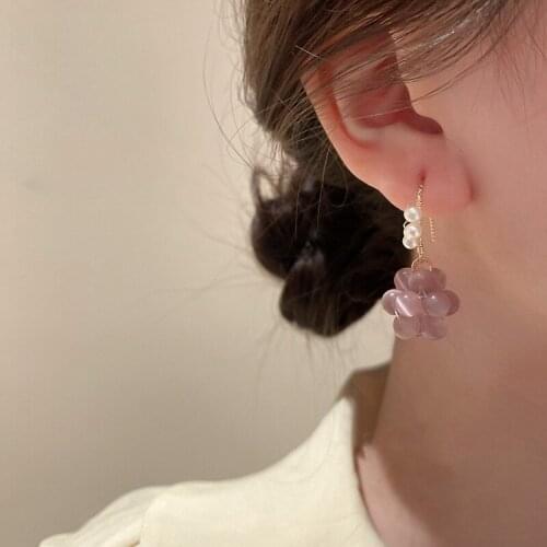 Origin Summer Korean Fashion Purple Opals Grape Hook Earring for Women Girls Korean Simulation Pearl Long Tassel Earring Jewelry