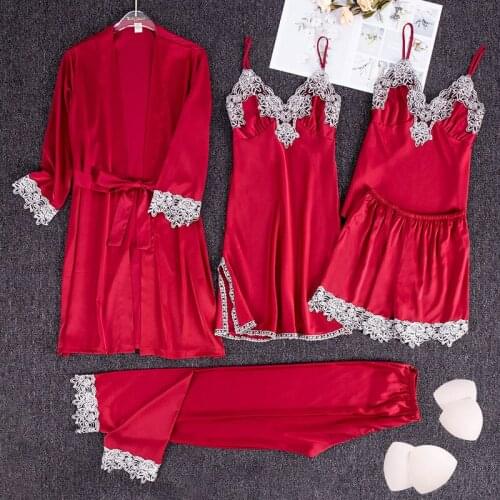 Womens Sexy Satin 5PCS Pyjamas Suit Bride Bridesmaid Wedding Robe Loose Lace Waistband Kimono Gown Sleeveless Strap Sleepwear