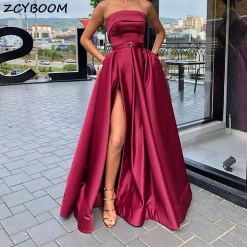 Simple Evening Dress A-Line Split Pleats Style Pink Strapless Prom Gown Satin Women Formal Party Night Long Robes De Soirée 2021