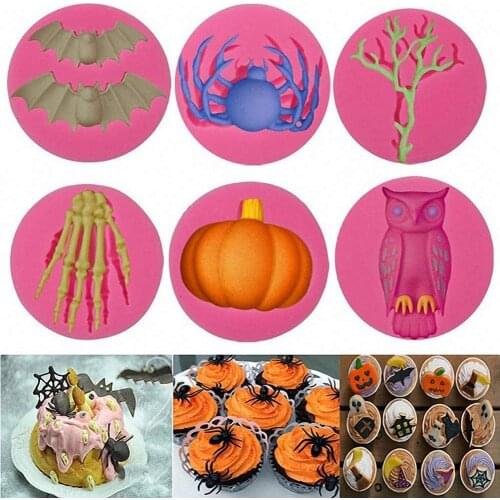 Halloween Molds Fondant Cream Chocolate Silicone Molds Hand Skeleton Spider Bats Pumpkin Owls Clay For Kitchen Baking