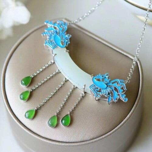 Hetian Jade S925 Sterling Silver Inlaid Noble Burnt Blue Phoenix Necklace Jasper Water Drop Egg Surface Design Fresh and Elegant