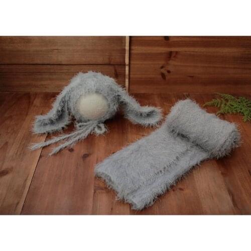 Teddy Bunny Bonnet Wrap Outfit Photography props Newborn Fuzzy Animal Hat Baby swaddle Cocoon Blanket Photo prop