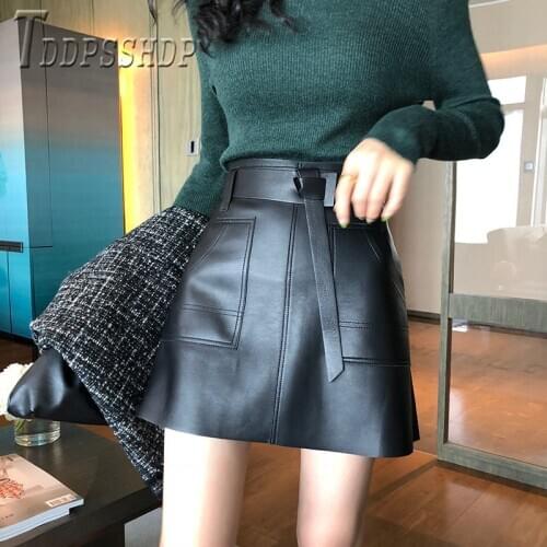 2019 Autumn Winter New Pu Leather Women Skirt A Line Waist Strap Female Skirts