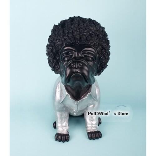 Fun bulldog Imitating human hair resin statue personality curly dog personality sculpture home decoration