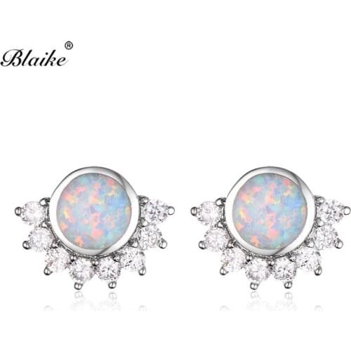 Blaike Round White Blue Fire Opal Earrings For Women 925 Sterling Silver Female Rose Red Zircon Animal Claws Paw Stud Earrings