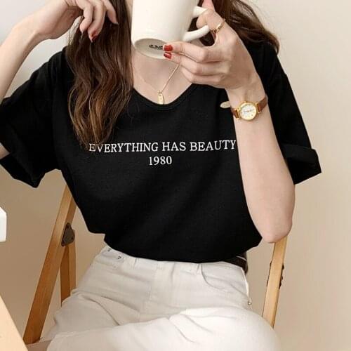 Womens Letter Print Tops for 2021 Summer Korean Fashion Trends Short Sleeve T Shirts Girls Simple Graphic Tees Loose Streetwear