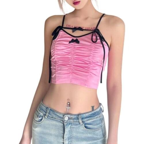 Womens Spaghetti Strap Camisole, Sexy Sleeveless Color Block Ruched Crop Cami Tops