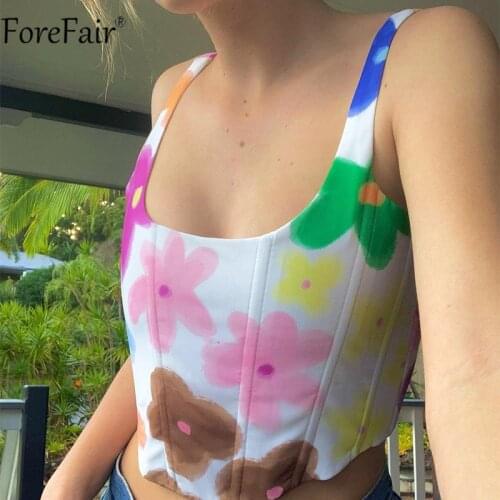 Forefair Sexy Tube Corset Crop Top O Neck Floral Print Backless Off Shoulder Casual Vintage 2021 Summer Women Tank Tops Y2k