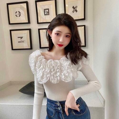 Women New Knitted Sweater Spring Autumn 2021 Korean Style Slash Neck Fungus Colorblock Pullovers Outwear Casual Knitwear Tops