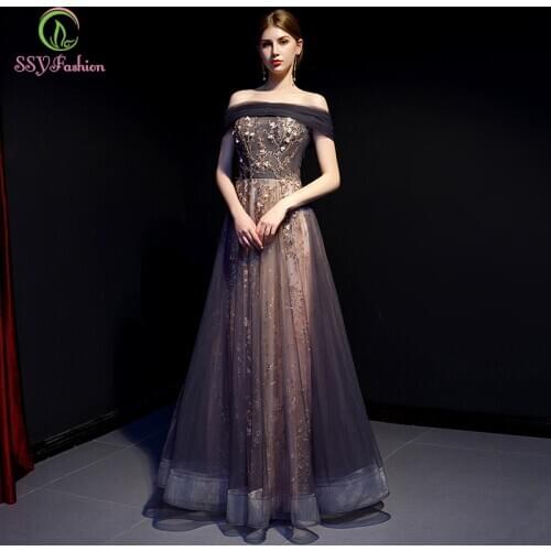 SSYFashion New Long Evening Dress Banquet Elegant Boat Neck Grey Purple Sequins Appliques Long Party Gowns Foraml Dresses Custom