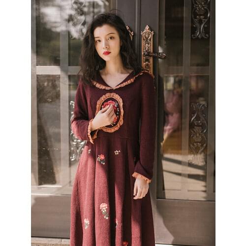 Japanese Mori Girl Vintage Ethnic Preppy Boho Sweet Lolita Embroidery Flaoral Lace Ruffle Woolen Flare Sleeve Women Spring Dress