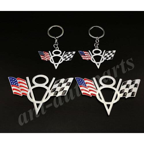 4pcs Metal Car V8 Vintage USA Flag Key Ring Chain Emblem Badge Decalss Stickers