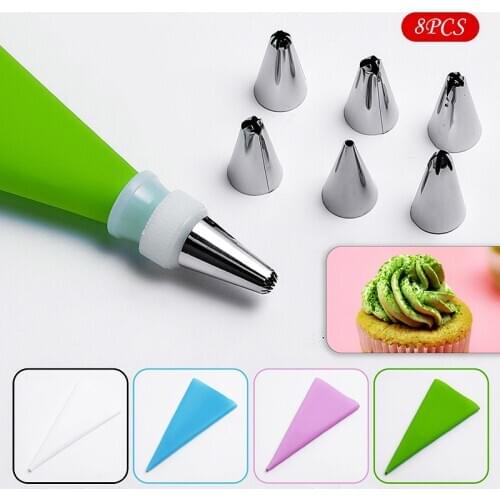 8 PCS/Set Silicone Icing Piping Cream Pastry Bag Kitchen Accessories + 6 Stainless Steel Nozzle Set DIY Cake Decorating Tools