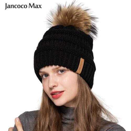 Womens Winter Knitted Pompom Hats Real Raccoon Fur Beanies Fashion Female Hat Soft Warm S7588