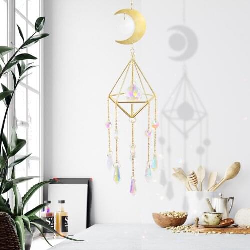 Crystal Wind chimes Catching Light Moon Metal Frame Ball Pointed Bead Flower Metal Hanging Crystal Prisms Home Decoration