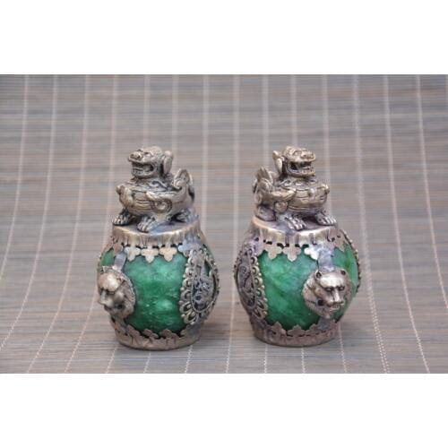 Collection Qing Dynasty a pair of Silver&jade Flying Animal Hydrangea,A PAIR,free shipping