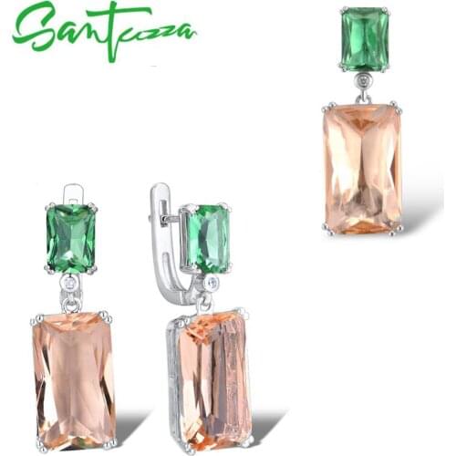 SANTUZZA Pure 925 Sterling Silver Jewelry Set for Women Octagon Green Champagne Crystal Pendant Earrings Set Gifts Fine Jewelry
