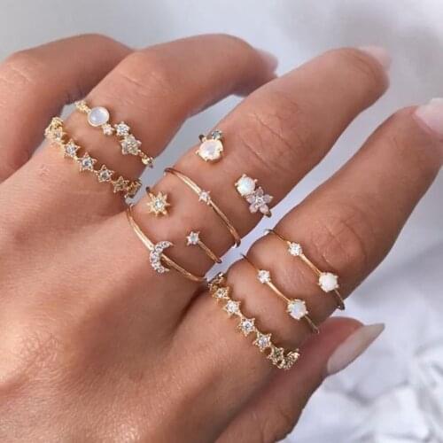 Vintage Gold Color Crystal Star Moon Rings Set For Women Boho Knuckle Finger Ring Female Fashion Jewelry Accessories 2020 New