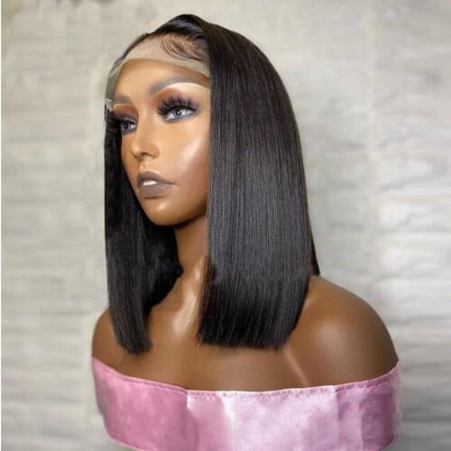 Natural Black Color Synthetic Hair Lace Part Wigs with Baby Hair Straight Hair Short BoB T Lace Wigs with Pre Plucked