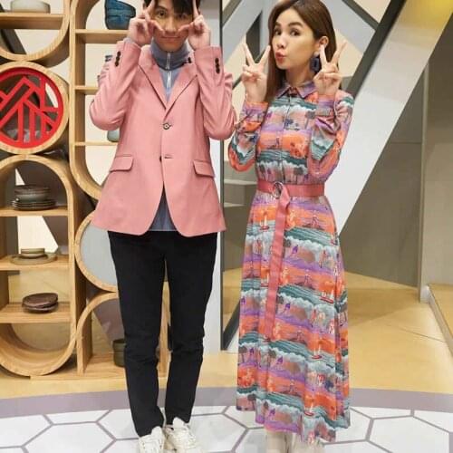 Novelty Print Women Dress Long Sleeve Turn-Down Collar Pleated Dresses With Belt D4524