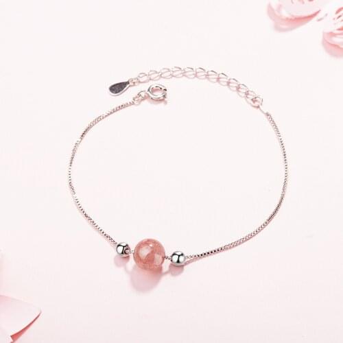 Single Layer 925 Sterling Silver Pink Strawberry Crystal Bracelet Female Student Mori Girls Jewelry Party Accessories SB116