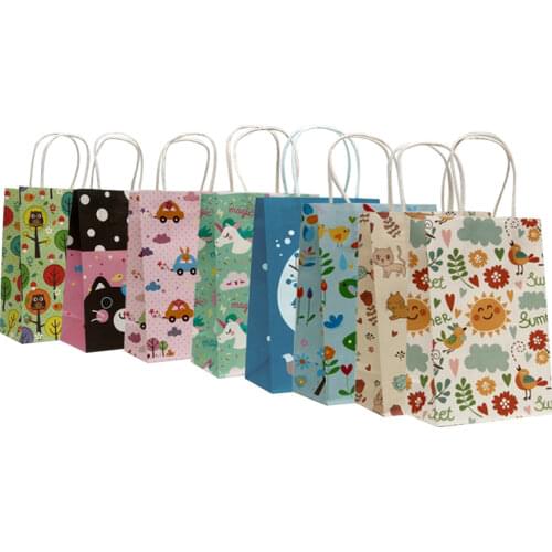 10pcs cartoon printed kraft paper bag Wedding gift bags Takeaway bag with handles children gift bags Souvenir package
