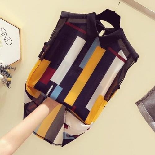 Striped Chiffon Women Shirts Summer New Design 2021 Sleeveless Straight Elegant Office Lady Outwear Blouse Tops