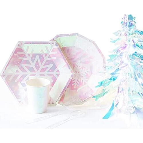 Snowflake Party Supplies Tableware Serves 8 Set Paper Plates Cups Spoons Forks Theme Dishware Home Party Decoration Pink Kits