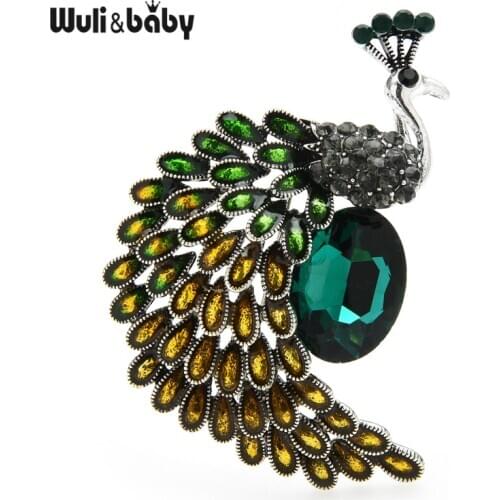 Wuli&baby Green Crystal Peacock Brooches Women Enamel Big Bird Party Office Casual Brooch Pins Gifts