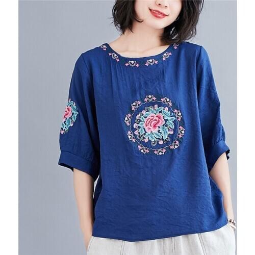 Women Summer Cotton Linen T-shirts New Arrival 2021 Simple Style Vintage Floral Embroidery Loose Female Casual Tops Tees S2972
