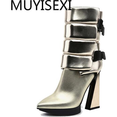 Designer Boots for Women Pointed Toe Platform Pumps 11cm Strange High Heel Shoes Woman Fashion Short Booties HL199 MUYISEXI