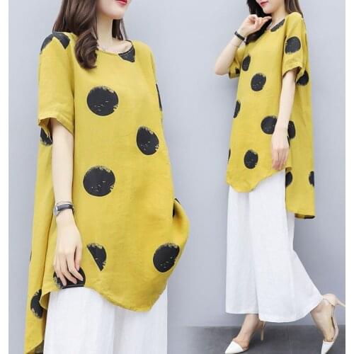 Large Size Suit Women 2020 Summer New Wave Point Cotton And Linen Short-Sleeved Top + Casual Wide-Leg Pants Two-Piece Suit Trend