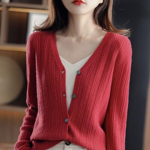 Womens V-neck Sweater 100% Pure Wool Plus Size Jacket Autumn and Winter Casual Knit Tops Korean Fashion Long-sleeved Sweater