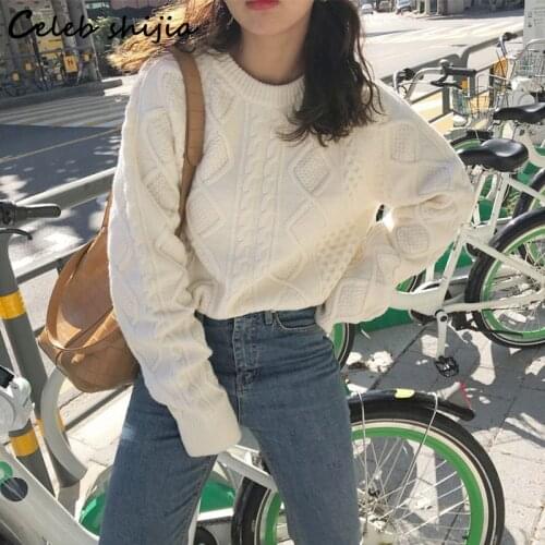 SHIJIA White Twist Sweater Woman O-neck Autumn Winter 2021 Long Sleeve Jumper Korean Warm Chic Knitted Pullover Woman Fall