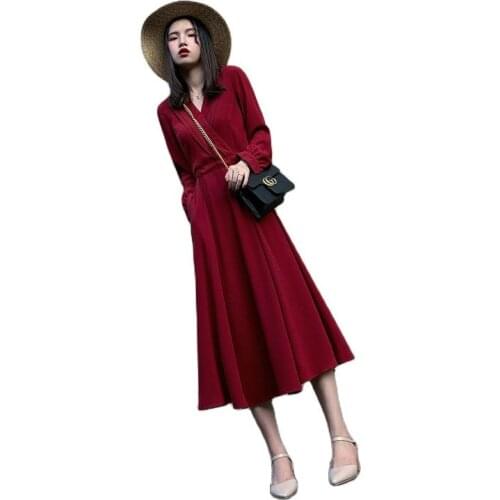 2020 New French Chiffon Dress Spring Autumn Red V-neck Long-sleeved Dress Waist Slim Dresses V1070