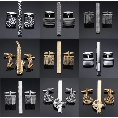 High Quality Cuff links necktie clip for tie pin for mens gift Classic pattern tie bars cufflinks tie clip set Men Jewelry