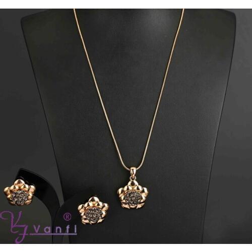 2017 Vintage Turkish Jewelry Sets black Flower Pendant Antique Gold Color Princess Necklace Earrings Set