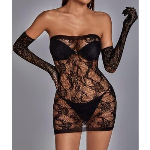 2021 Women Sleepwear Nightgowns With Gloves Sheer Mesh Off Shoulder Bodycon Floral Pattern Perpective Erotic Mini Black Dresses