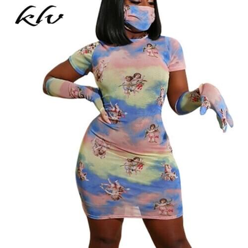 3Pcs/set Women Short Sleeve Mini Bodycon Pencil Dress Cartoon Figure Printed Sexy Package Hip Dress with Mask Gloves