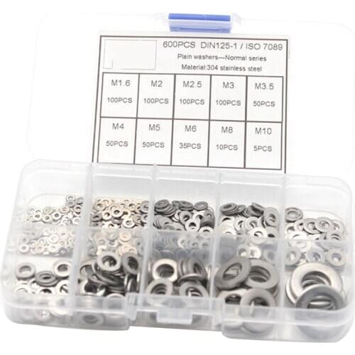 600Pcs/Set M1.6 M2 M2.5 M3 M3.5 M4 M5 M6 M8 M10 Stainless Steel Flat Washer Plain silver Washer Gaskets Assortment Kit