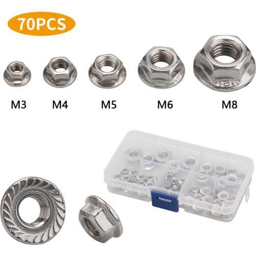 70Pcs M3 M4 M5 M6 M8 304 Stainless Steel Hexagon Flange Nuts Slip Locking Nut Assortment Kit