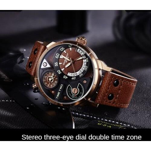 Mens Fashion Watch Personality Dual Time Zone Quartz Watch Multifunctional Luminous Double Waterproof Three Eyes Mens Watch