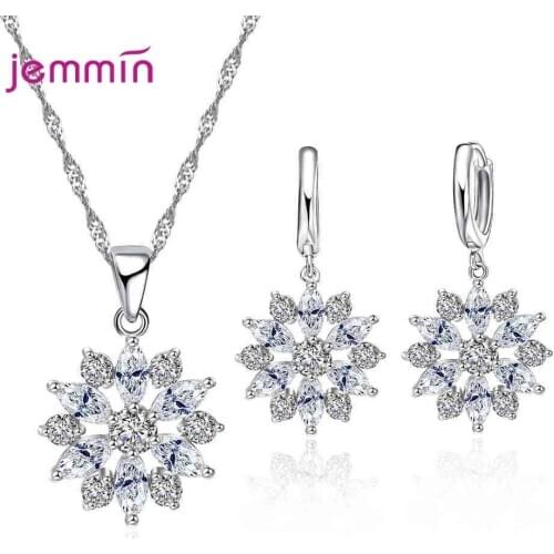 Flower 925 Sterling Silver Jewelry Sets For Women AAA CZ Stone Shiny Pendant Necklace Hoop Earrings For Women Wedding Gift
