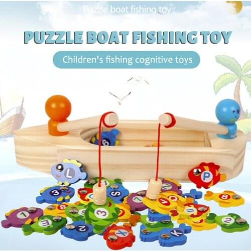 Montessori Wooden Boat Model Childrens Fishing Digital Cognition Intelligence Early Education Hand-eye Coordination Toy